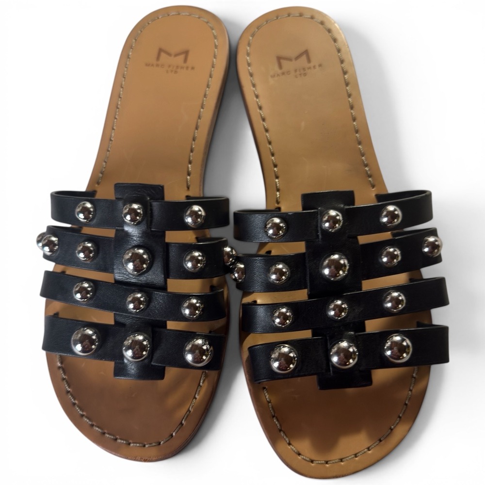 Marc Fisher LTD Studded Leather Slide Sandals Black Womens 7M Edgy Flat Shoes